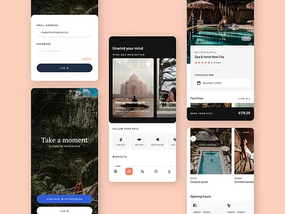 Wellness & Workout concept app app design booking cards categories detail hotel log in meditation mobile register ui ux workout
