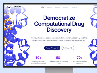 atombeat: Computational AI Drug Discovery - Hero Layout UIUX 3d molecule ai drug discovery biopharma biotech biotech web design biotech website blue clean computational drug discovery drug discovery drug discovery website machine learning minimal modern molecule pharma website purple quantum computing quantum simulation therapeutics