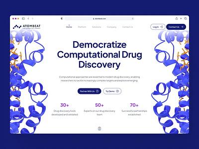 atombeat: Computational AI Drug Discovery - Hero Pattern UI 3d molecule ai drug discovery biopharma biotech biotech landing page biotech web design biotech website blue clean computational drug discovery dark drug discovery drug discovery website machine learning minimal modern pharma website purple quantum computing quantum simulation