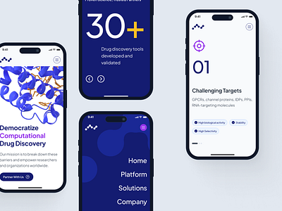 atombeat: AI Computational Drug Discovery - Mobile Layout UIUX 3d molecule ai drug discovery biopharma biotech biotech landing page biotech web design biotech website blue clean computational drug discovery drug discovery drug discovery mobile drug discovery website machine learning minimal modern pharma website purple quantum simulation therapeutics