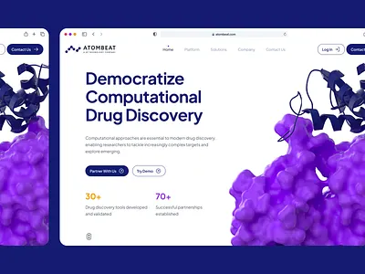 atombeat: Computational AI Drug Discovery - Solutions Page UI 3d molecule ai drug discovery biopharma biotech biotech landing page biotech ui biotech web design biotech website biotechnology clean computational drug discovery drug discovery drug discovery website machine learning minimal modern pharma website pharmaceutical purple therapeutics