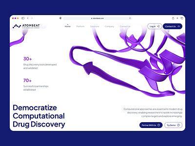atombeat: Computational AI Drug Discovery - Hero Pattern UIUX 3d molecule ai drug discovery biopharma biotech biotech landing page biotech web design biotech website blue clean computational drug discovery drug discovery drug discovery website minimal modern pharma website pharmaceutical purple quantum computing quantum simulation webflow