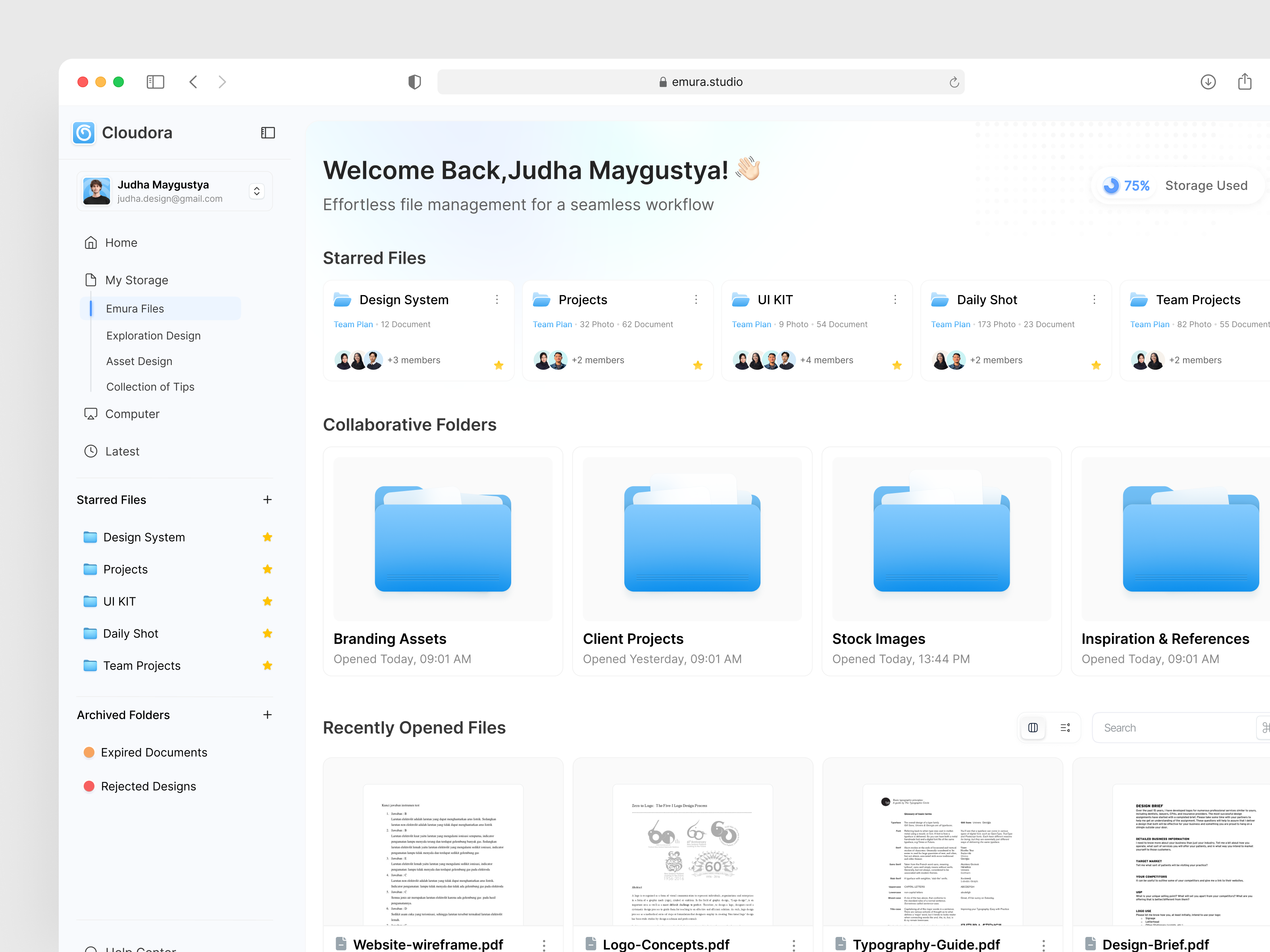 Cloudora - Cloud Storage ☁️ clean cloud cloud storage dashboard desktop doc document drive emuraa file file manager folder judha manager minimalism product design saas saas design storage storage cloud