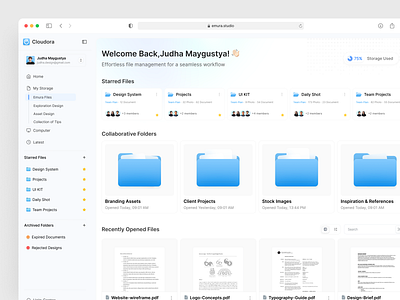 Cloudora - Cloud Storage ☁️ clean cloud cloud storage dashboard desktop doc document drive emuraa file file manager folder judha manager minimalism product design saas saas design storage storage cloud