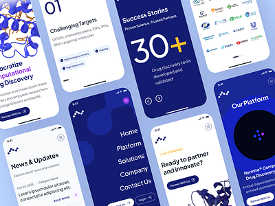 atombeat: Computational AI Drug Discovery - Mobile Overview UI ai drug discovery biopharma biotech biotech landing page biotech mobile biotech web design biotech website blue clean computational drug discovery drug discovery drug discovery website machine learning minimal mobile ui modern pharma website pharmaceutical purple therapeutics