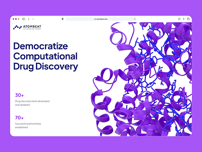 atombeat: Computational AI Drug Discovery - Hero Layout UIUX 3d molecule ai drug discovery biopharma biotech biotech web design biotech website clean computational drug discovery drug discovery drug discovery website hero layout machine learning minimal modern pharma website pharmaceutical protein structure purple therapeutics webflow