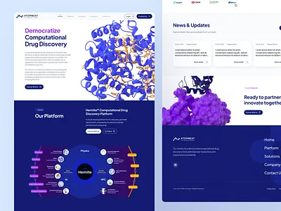 atombeat: Computational AI Drug Discovery - Homepage UIUX 3d protein structure ai drug discovery biopharma biotech biotech web design biotech website blue clean computational drug discovery drug discovery drug discovery website machine learning minimal modern pharma website pharmaceutical purple quantum simulation therapeutics webflow