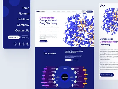 atombeat: Computational AI Drug Discovery - Landing Page UIUX ai drug discovery biopharma biotech biotech landing page biotech web design biotech website blue clean computational drug discovery drug discovery drug discovery website machine learning minimal modern pharma website pharmaceutical purple quantum computing therapeutics webflow