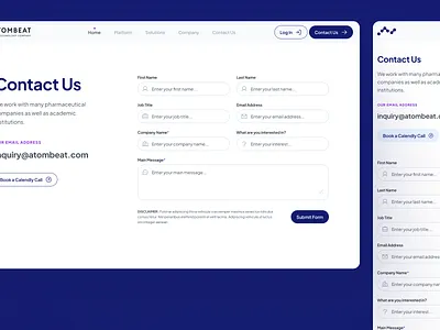 atombeat: Computational AI Drug Discovery - Contact Form Page UI ai drug discovery biopharma biotech biotech landing page biotech web design biotech website blue clean computational drug discovery contact us drug discovery drug discovery website minimal modern pharma website pharmaceutical purple quantum computing therapeutics webflow