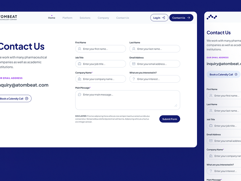 atombeat: Computational AI Drug Discovery - Contact Form Page UI
