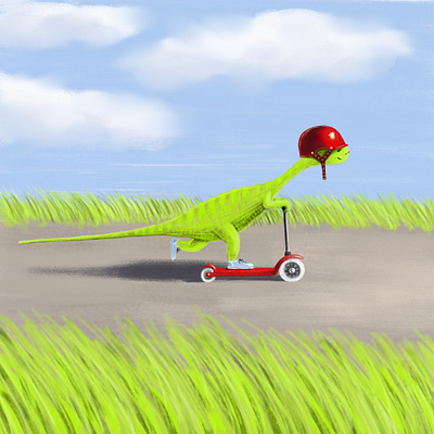 Little dinosaur rides a scooter ancient animal card cartoon children dino dinosaur fossil illustration jurassic lizzard monster pet predator prehistoric prehistory print reptile triceratops tyrannosaurus