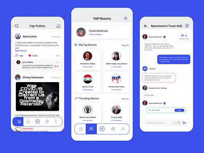 Yaproom - Social for politics app app ui card design discussion friends news politician politics social social app social media social media design social network socialmedia trending ui ui ux uidesign uiux