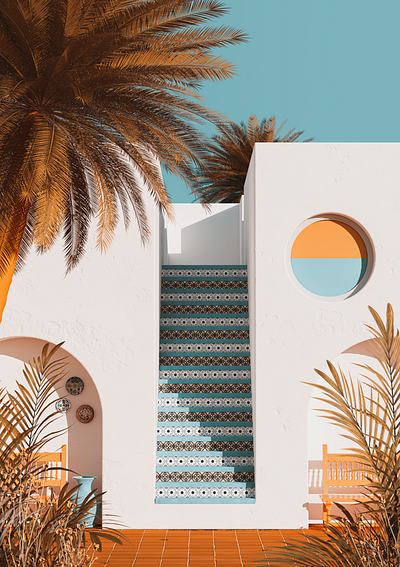 Steps 3d architecture blue cinema 4d mediterranean orange palmtrees plates portugal render steps summer tiles vintage