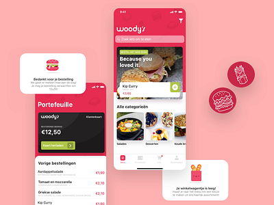 Woody's - Mobile app app appwise x wisemen burger delicious delivery design food green hungry ios menu order pink red sandwich ui ux white