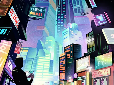 Sci-fi night city banner chinese cityscape cyberpunk futuristic illustration digital neon neon city night city sci fi webillustration