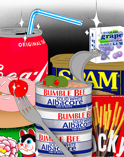 Pantry Items bumblebee cherry cinema4d coca cola donut food foodillustration foodillustrator grocery olives pantry pocky procreate spam tuna