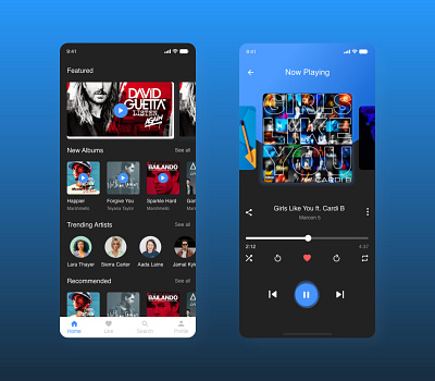 Dark themed - Music app UI 2020 music 2d app app design application black blue branding design illustration interaction design minimal mobile app mobile ui mp3 music music app music player ui ux