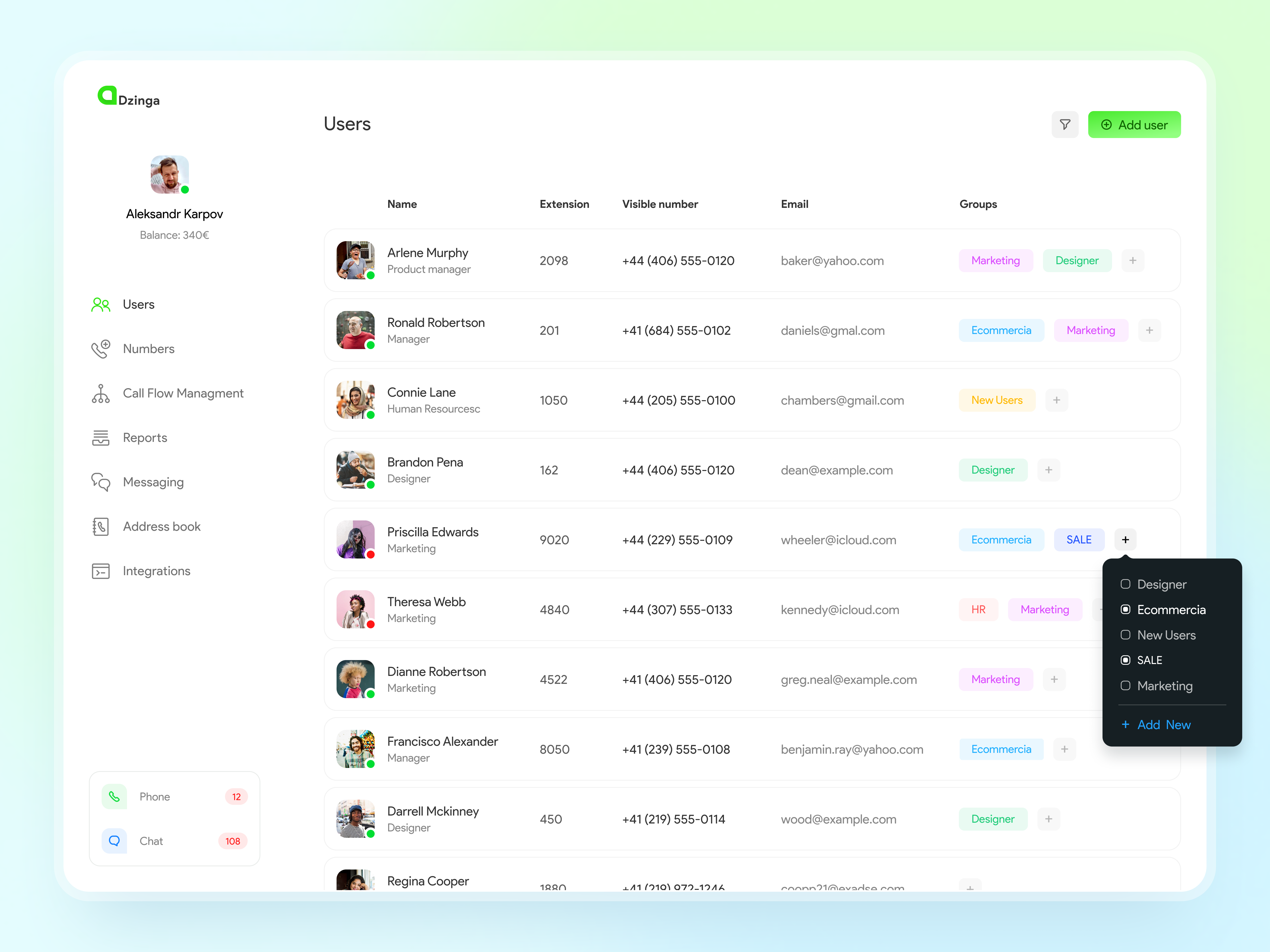 Example of User from Dzinga web app