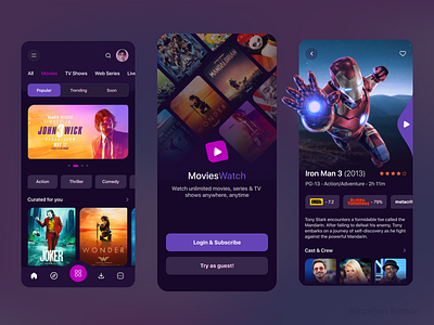 MoviesWatch - On-Demand Entertainment App (Cinema, Tv, Series) app booking cinema colors design entertainment figma mobile mobile app movies online ott platform product design relaxation ticket ui ux video