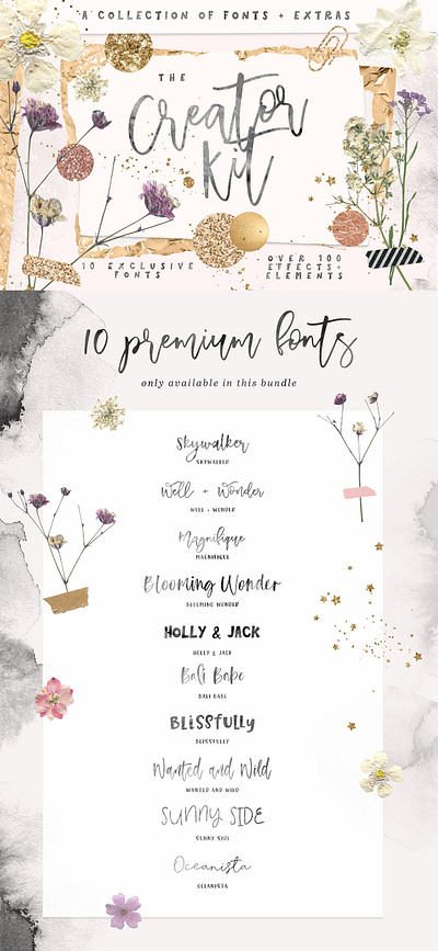 THE CREATOR KIT & FONT BUNDLE clipart creator creator kit design flowers foil font font bundle fonts gold golden ink metallic paper shapes silver texture washes watercolor website