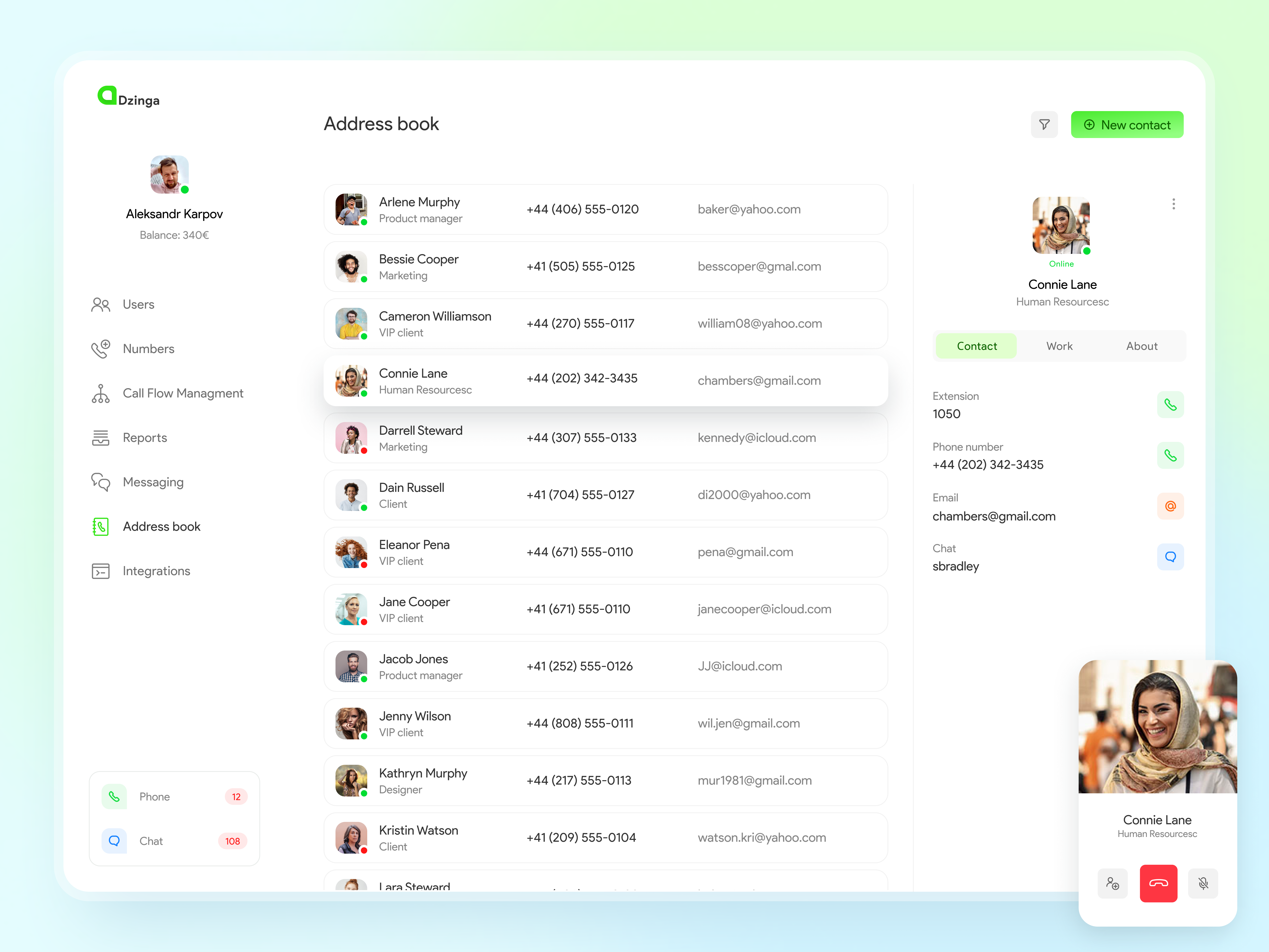 Example of Address book from Dzinga web app