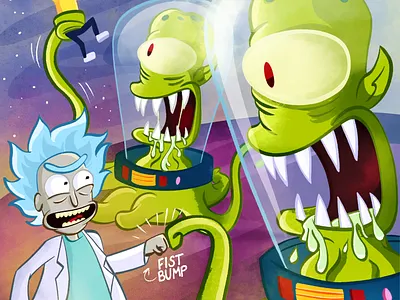 Rick and Morty VS Kang and Kodos cartoon illustraion rick and morty the simpsons