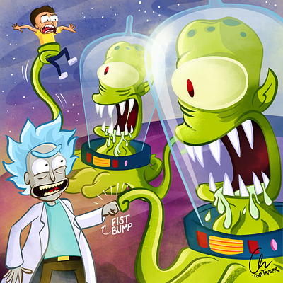 Rick and Morty VS Kang and Kodos cartoon illustraion rick and morty the simpsons