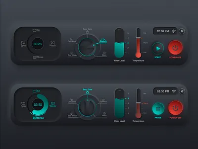 Neumorphic Smart Washing Machine Panel dark theme design2020 figma interface neumorphic neumorphism neumorphism ui skeumorphic skeumorphism smart smart home ui user interface washing machine