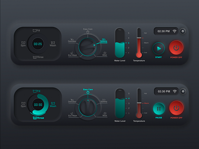 Neumorphic Smart Washing Machine Panel dark theme design2020 figma interface neumorphic neumorphism neumorphism ui skeumorphic skeumorphism smart smart home ui user interface washing machine