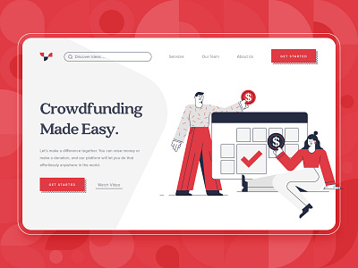 Crowdfunding Startup Landing Page 3 2d backing business character charity crowd crowdfunding design finance flat funding idea illustration kickstart money red startup ui ux web design