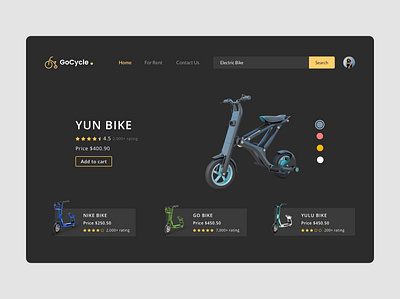 Go cycle - web interface UI app bike black branding cycle dark dark ui e commerce e commerce app illustration interaction design minimal shop shopify ui ui design ux web app website website design