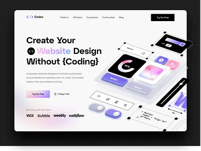 Codex - Landing page app design character clean code coding constructor design developer generative interface no coding processing product program programming services software user web application website