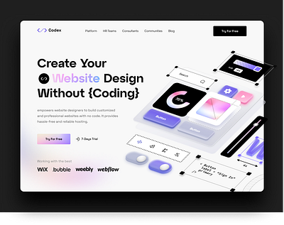 Codex - Landing page app design character clean code coding constructor design developer generative interface no coding processing product program programming services software user web application website