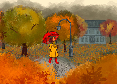 Autumn autumn autumn leaves digital paint illustration park procreate red umbrella