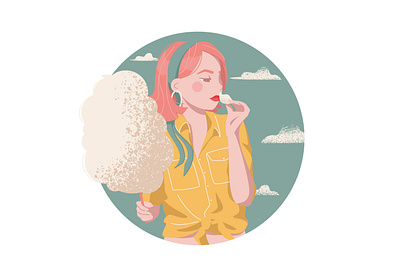 Pink in the clouds 2d art adobeillustator clouds cotton candy design flat girl illustration pink hair red lipstick vector