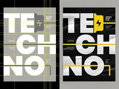 Techno 2d bolt design electricity flat font grid logo mark music negative space poster print sign simple symbol techno thunder typography vector