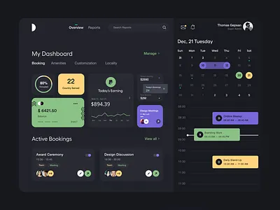 Dashboard Dark bookings calendar calendar ui card ui clean credit dashboard dashboard app dashboard design dashboard ui meeting payment product design stats typography ui ui ux user experience user interface ux