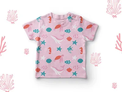 Tropical ocean baby pattern ai clownfish illustration illustrator mockup pattern patterns pink red sea horse seamless shell turtle vector whale
