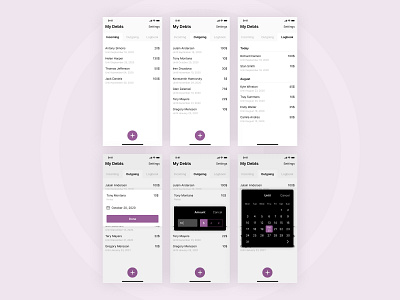 Debts app app design calendar colors daily ui debts design incoming list logbook minimalism ui user interface