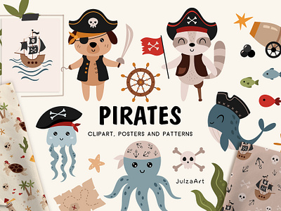 Pirates animals collection animal clipart baby design baby illustration baby shower birthday boho clipart cute pirate digital paper marine nautical nursery print pirate clipart pirate party pirate pattern pirates animals sailor animal sea animals sea life seamless pattern summer