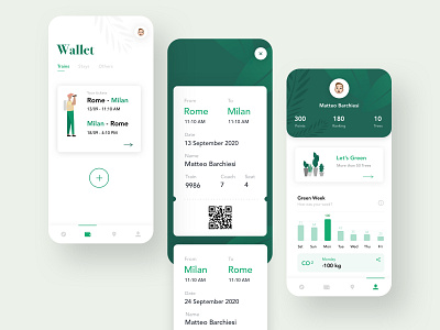 Greeneller - Wallet app app design card clean clean ui concept creative dailyui dashboard dribbble green illustration profile tickets trains travel ui uidesign ux wallet