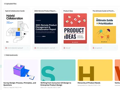 Listing uploaded PDF files & web bookmarks articles bookmarks books cards content list covers files list minimal pdf saas table tiles ui web