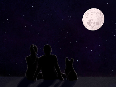 Night walk with a French bulldog and moon couple design dog french bulldog illustration moon night poster print romantic