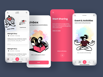 Story telling app black events illustraion pink reading ui