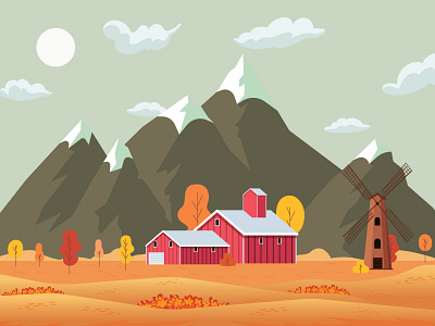 Fall in the Mountains adobe illustrator barn beach design farm fields flat illustration illustrator landscape mountains sunset vector windmili