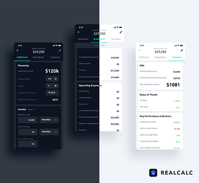 Real Estate Calculation App agency app balance sheet dark mode design fintech form interactive design ui ui design uiux