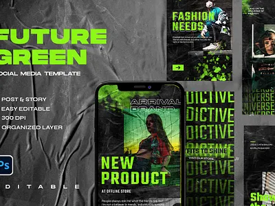 FUTURE GREEN - Instagram Pack design digital art feauture future green image instagram instagram banner instagram pack instagram post instagram post template instagram stories instagram story template instagram template premade professional psd scene simple template