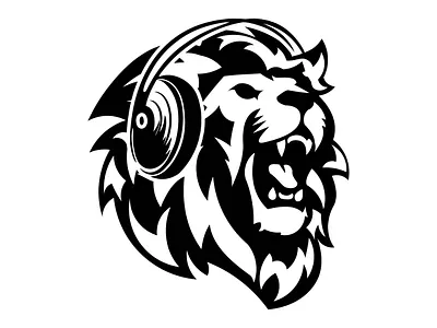 A Lion is listening to music animal illustration black character design head headset illustration lion listening logo music vector