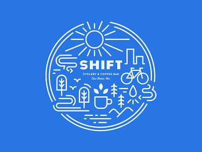 Shift Cyclery & Coffee Bar Monoline Merch Design apparel design badge bike coffee coffee shop design merch monoline tshirt vector