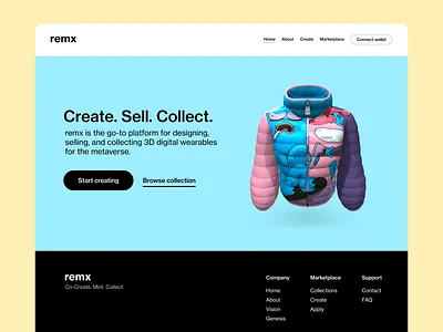 new remx home page 3d branding digital wearables homepage layout web3 webdesign